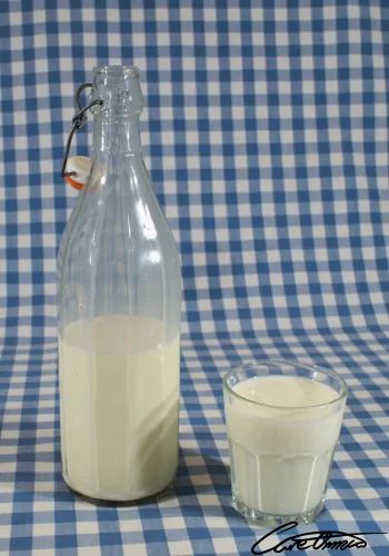 Care Omnia milk in a bottle and a glass
