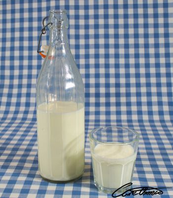 A bottle and a glass with milk